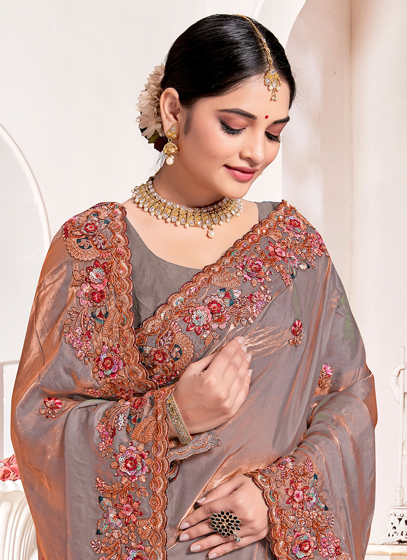 Teal Grey Khatli Work Embroidered Designer Wedding Saree
